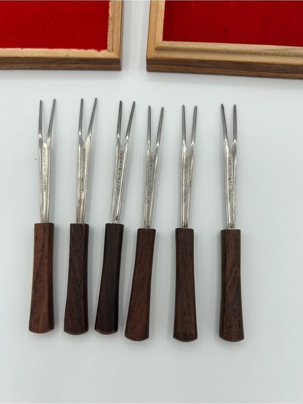 Vintage MCM Cocktail Appetizer Fork Set 6 Wood Handle Stainless Japan Wood Box
